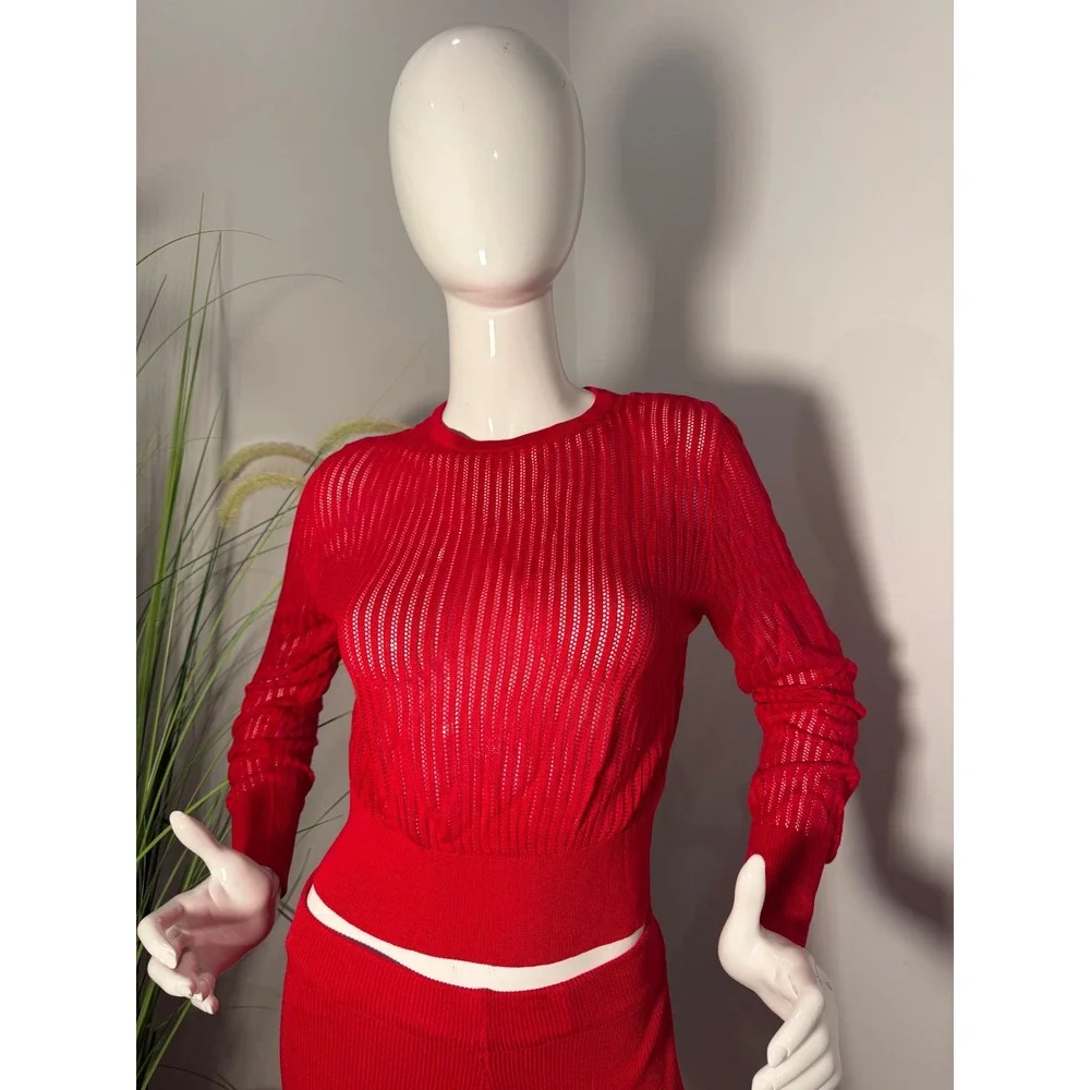 Chic me Red‎ Ribbed Knit Two Piece Set Sheer Long Sleeve Top & High Waist Pants
